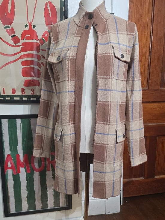 Max Studio Sweaters - Max Studio Beige Brown Plaid Coat with Blue Accents Long Sweater Duster Large